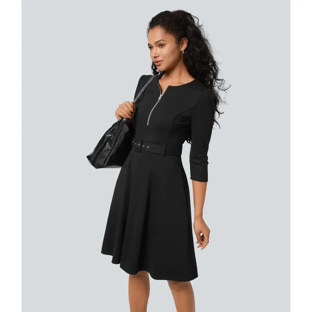 NWT Halara Round Neck Zipper Belted Pocket Midi Fit Work Dress - Size XL